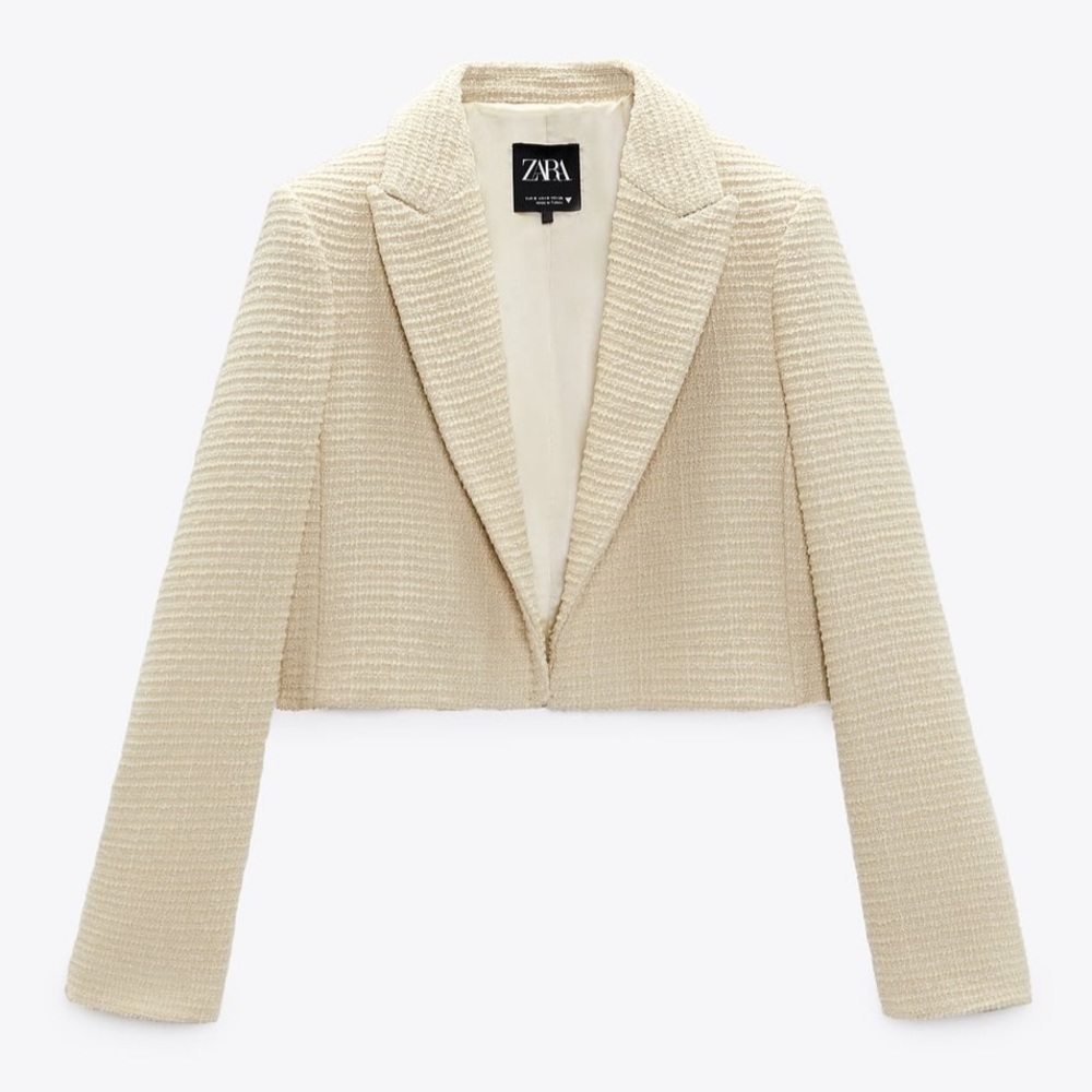 ZARA Parisian Cream Textured Tweed Cropped Crop Blazer